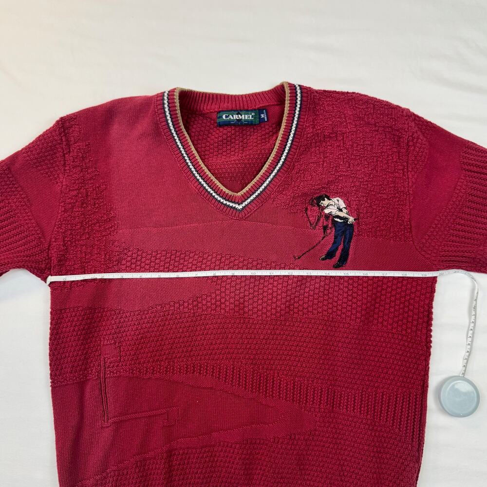 Vintage Golf Sweater Burgundy Red Knit V-Neck Embroidered Cotton USA Made Medium - Picture 9 of 13